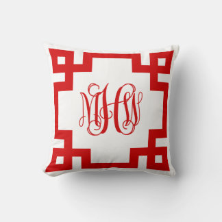Weißer roter griechischer Schlüssel Reben-Monogram Kissen