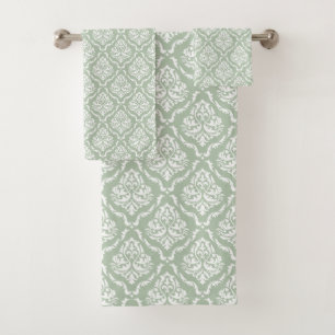 Weißer Salbei-grüner Vintage-Damask-Muster Badhandtuch Set