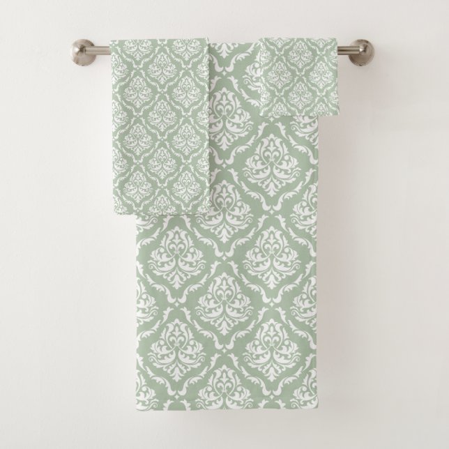 Weißer Salbei-grüner Vintage-Damask-Muster Badhandtuch Set (Insitu)
