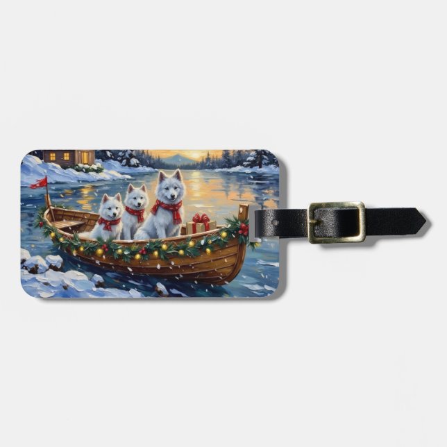 Weißer Samojede Weihnachtsboot Urlaub Gepäckanhänger (Vorderseite horizontal)