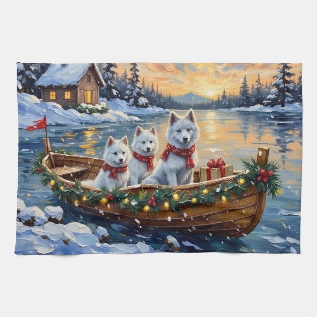 Weißer Samojede Weihnachtsboot Urlaub Geschirrtuch (Horizontal)