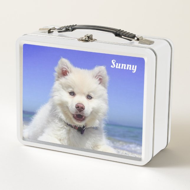 Weißer Samoyed Hund auf Light Blue Metall Brotdose (Vorderseite)