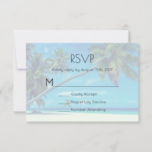 Weißer Sandstrand mit Coconut Palms Wedding RSVP Karte (Vorderseite)