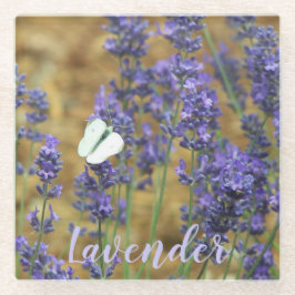 Weißer Schmetterling auf dem Lavendel Glasuntersetzer