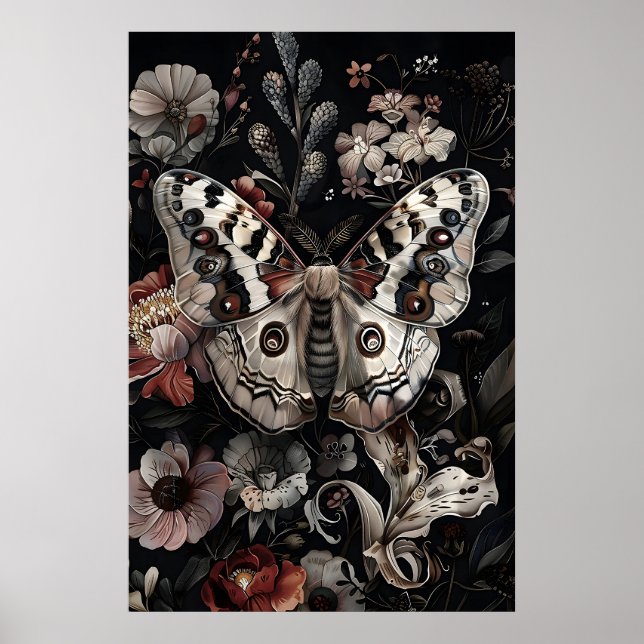 Weißer Schmetterling im dunklen Blumengarten, mela Poster (Vorne)