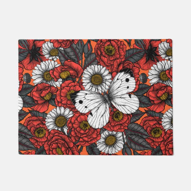 Weißer Schmetterling und Rose Fußmatte (Vorderseite)