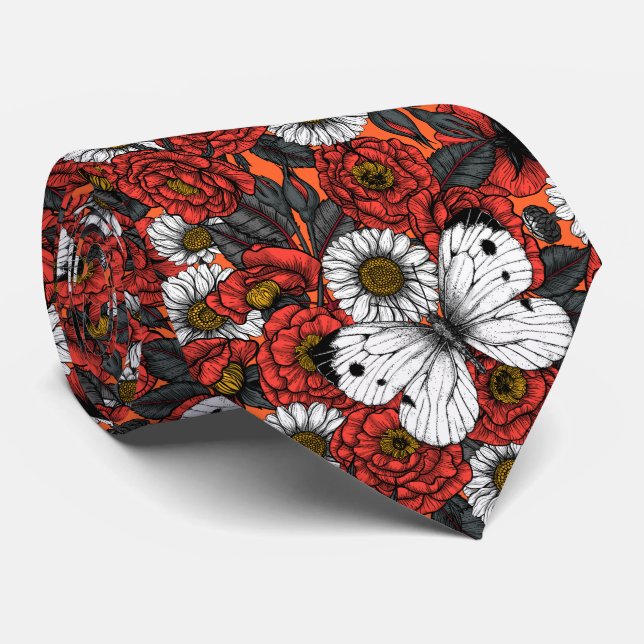Weißer Schmetterling und Rose Krawatte (Gerollt)