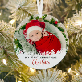 Weißer Schnee Erste Weihnachtsfeier Kariertes Foto Ornament Aus Metall