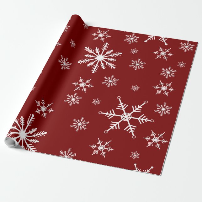 Weißer Schneeflocken auf rotem Muster Geschenkpapier (Ungerollt)