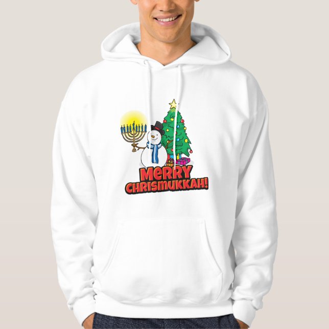Weißer Schneemann mit Menorah Merry Chrismukkah Hoodie (Vorderseite)