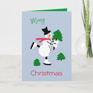 Weißer Schneemann mit Weihnachtsbäumen Karte