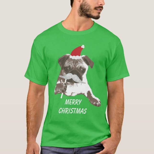 Weißer Schnurrbart-Sankt-Mops-frohe Weihnachten T-Shirt (Vorderseite)