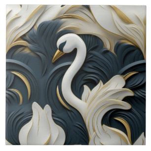 Weißer Schwan mit blauem Blattrelief-Effekt Fliese