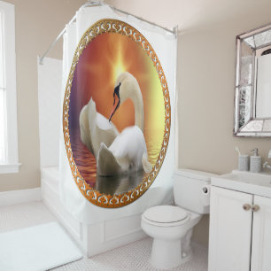 Weißer Schwan mit Gold und orange Hintergrund Duschvorhang