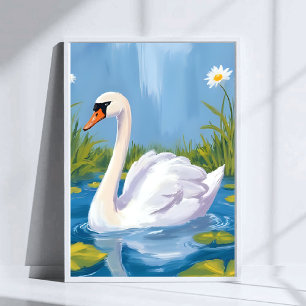 Weißer Schwan   Teich Aquarell Vogelmalerei Poster