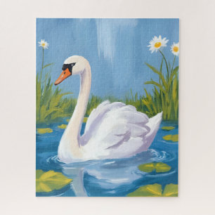 Weißer Schwan   Teich Aquarell Vogelmalerei Puzzle