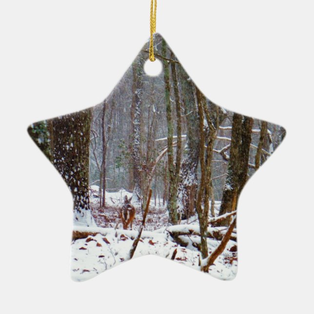 Weißer Schwanz im Schnee Keramik Ornament (Vorne)