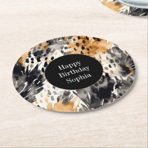 Weißer Schwarzer Leopard-Tier Geburtstag Runder Pappuntersetzer