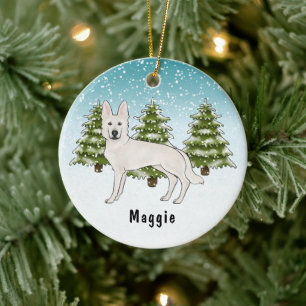 Weißer Schweizer Hirte Weißer GSD Dog Winterwald Keramik Ornament