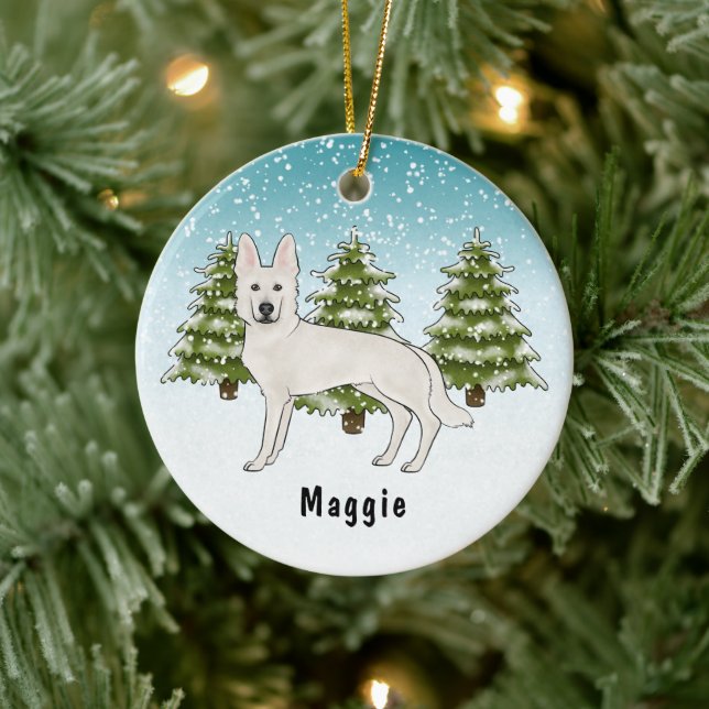 Weißer Schweizer Hirte Weißer GSD Dog Winterwald Keramik Ornament (Baum)