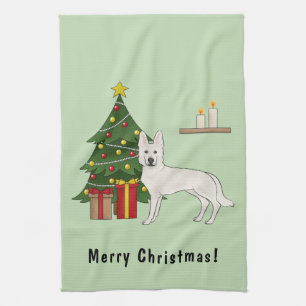 Weisser Schweizer Schäferhund GSD Grüner Weihnacht Geschirrtuch