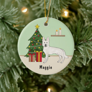 Weisser Schweizer Schäferhund Weihnachtsbaum Keramik Ornament