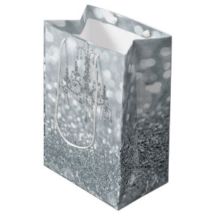Weißer Silber Glitter Bokeh Glam Kronleuchter Funk Mittlere Geschenktüte