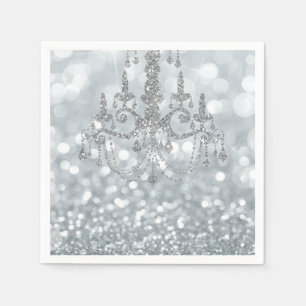 Weißer Silber Glitter Bokeh Glam Kronleuchter Funk Serviette