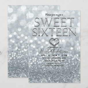 Weißer Silber Glitter Bokeh Glam Süße 16 Party Einladung