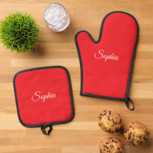 Weißer Skriptname oder Monogramm auf Rot Ofenhandschuh & Topflappen-Set