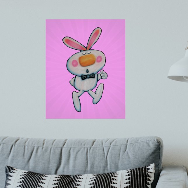 Weißer Sonnenstich Orange Nose Pink Muster Poster (Cute cartoon white rabbit giving thumbs up sign wearing bow tie on pink artwork poster.)
