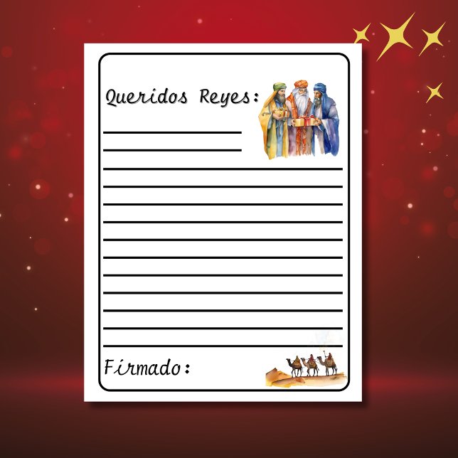 Weißer Spanischer Brief an die Weisen - Los Reyes (Carta a los reyes, customizable & personalized. white letter with lines. Con Jesús en el camino)