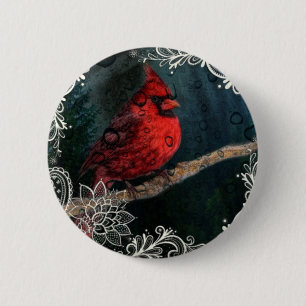 Weißer Spitz Primitive Weihnachts Roter Kardinal Button