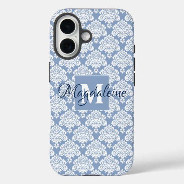 Weißer SpitzenDamast auf duschblauem Monogramm und Case-Mate iPhone Hülle (Rückseite)