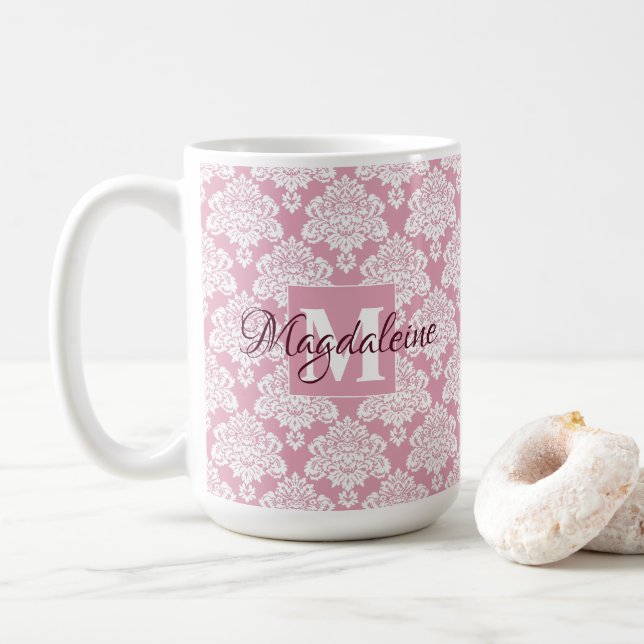 Weißer SpitzenDamast auf Dusty-Rose-Name und Monog Kaffeetasse (Mit Donut)