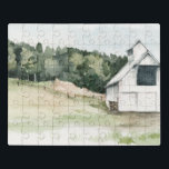 Weißer Stall Puzzle<br><div class="desc">Aquarellmauer III von Jennifer Paxton Parker. Eine weiße Scheune in einem Baumfeld, die von der Seite weg ist.</div>