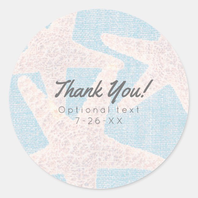 Weißer Starfish & Blue Burlap Beach Gastgeschenk Runder Aufkleber (Vorderseite)