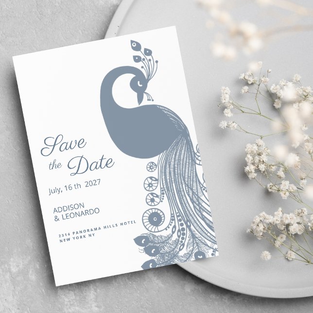 Weißer staubblauer Pfau Save the Date elegant Einladung (White dusty blue peacock elegant Save the Date)