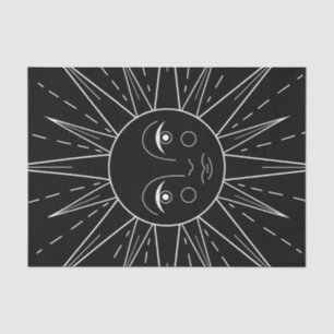 Weißer stilisierter Retro-Vintage-Sonne auf Schwar Seidenpapier