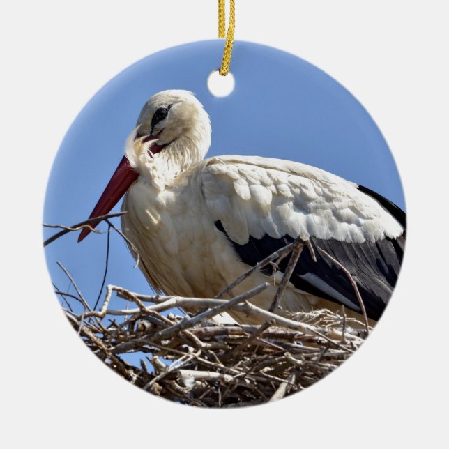 Weißer Storch in seinem Nest Keramik Ornament (Vorne)