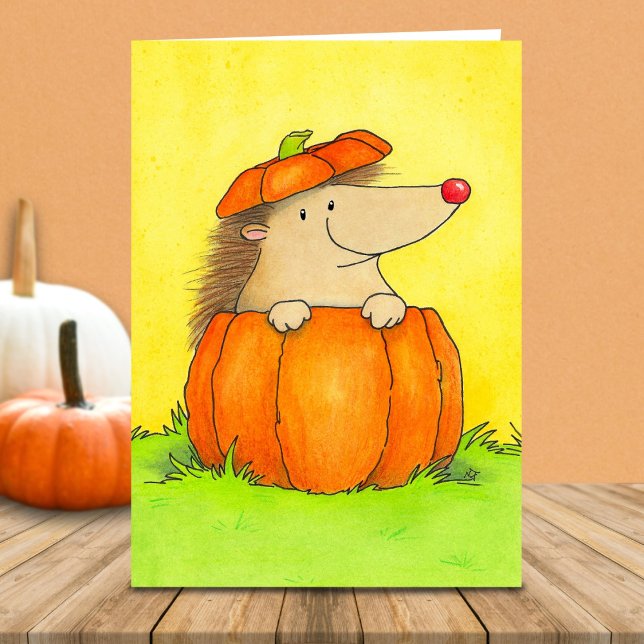 Weißer süßer Igel in Kürbis Herbst Karte (Von Creator hochgeladen)