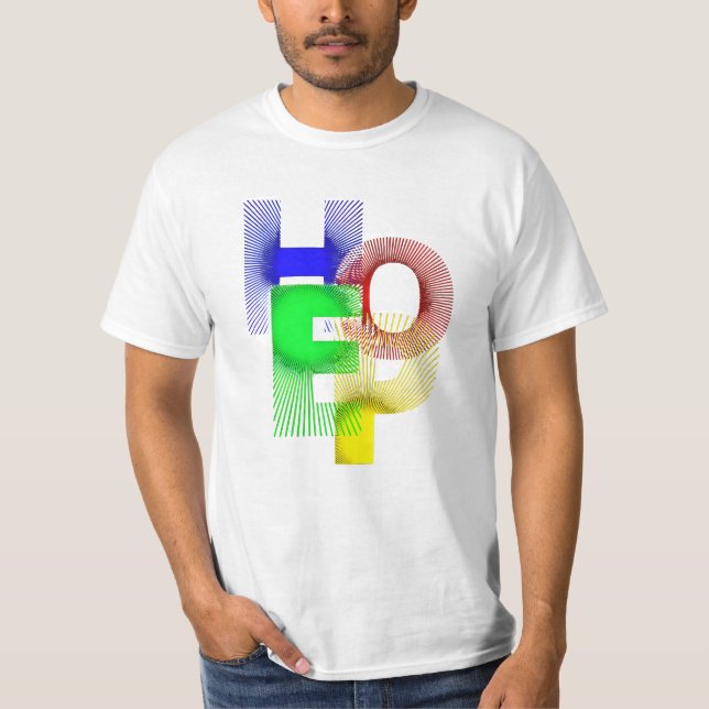 Weißer T - Shirt mit lebhaftem Multicolor HOPE" De (Vorderseite)