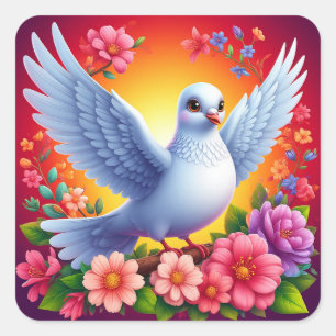 Weißer Tauben-Blumen-Sticker Friedlicher Vogel Art Quadratischer Aufkleber