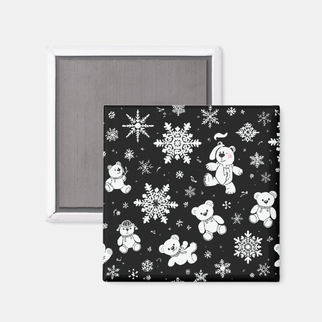 Weißer Teddybär & Schneeflocken Nahtloses Muster Magnet (Vorderseite/Rückseite)
