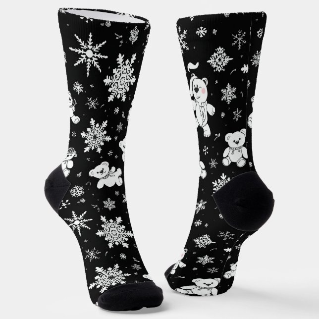 Weißer Teddybär & Schneeflocken Nahtloses Muster Socken (Gewinkelt)