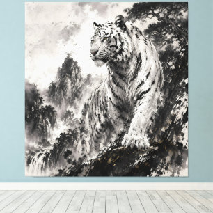 Weißer Tiger auf Bergklippe Traditionelle Tinte Leinwanddruck