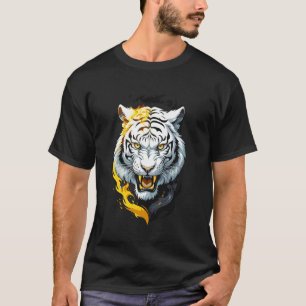 Weißer Tiger auf Feuerflammen Große Katzenliebhabe T-Shirt