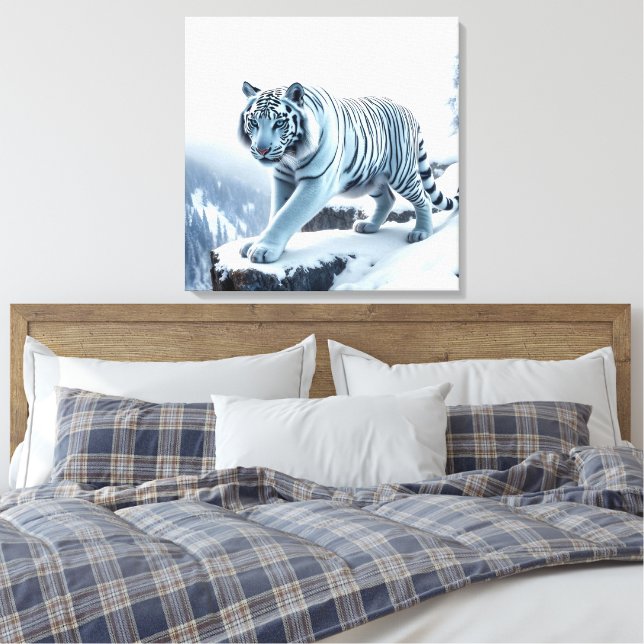 Weißer Tiger auf schneebedeckten Klippen gesteppte Leinwanddruck (Insitu (Schlafzimmer))