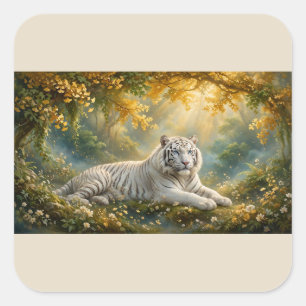 Weißer Tiger – Ein stiller Ort unter goldenen Blät Quadratischer Aufkleber