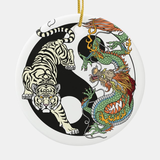 Weißer Tiger gegen grüner Drache im Yin-Yang Keramik Ornament (Vorne)